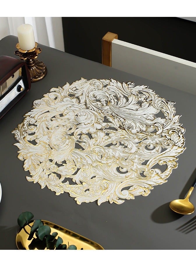 Round Gilded Scroll Placemats, 4 Pcs Gold Vinyl Cutout Placemats, Non-Slip Stain Heat Resistant Place Mats for Dining Table, 15x15 Inch - Image 1